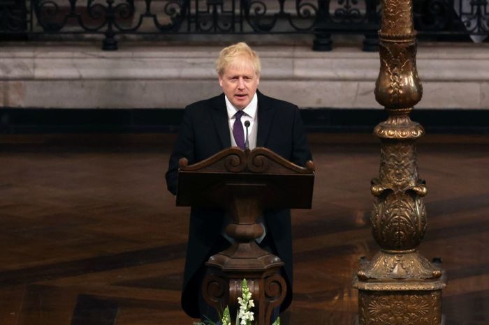 United Kingdom Prime Minister Boris Johnson speaks at the National Service of Thanksgiving at St. Paul's Cathedral on June 03, 2022, in London, England. 