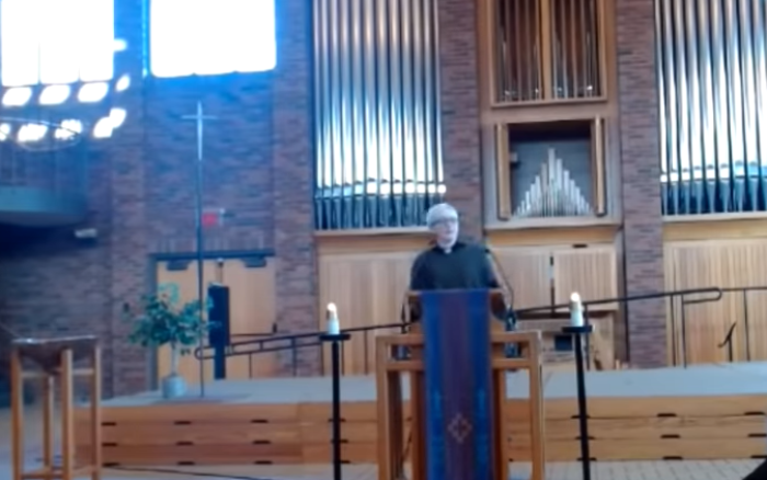 The Rev. Andrea Roske-Metcalfe preaches at a chapel service at Augsberg University on March 11, 2022. 