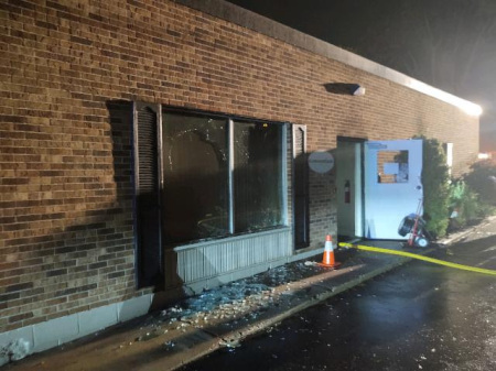 Shattered glass from a window lies outside the CompassCare clinic in Buffalo, which was firebombed in one of many acts of vandalism to take place ahead of an expected U.S. Supreme Court decision on abortion.