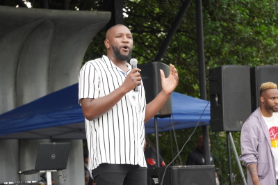 A man recounts how he was sex trafficked as a child and entered into a gay lifestyle later in life. He ultimately found Jesus and became a Christian and left the gay lifestyle behind. Photo taken at the Sylvan Theater stage during the Freedom March in Washington, D.C., on June 11, 2022.