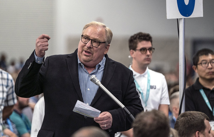Pastor Rick Warren of Saddleback Church in Lake Forest speaks at the Southern Baptist Convention Annual Meeting in Anaheim, California, on June 14, 2022. 