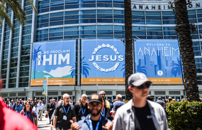 Attendees walk outside the SBC Annual Meeting in Anaheim, California, on June 14. 2022. 