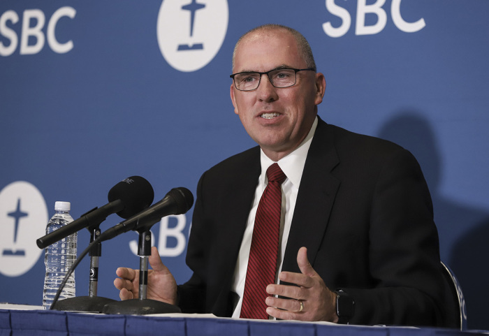Pastor Bart Barber, the newly elected president of the Southern Baptist Convention, speaks at a press conference in Anaheim, California, on June 15, 2022. 