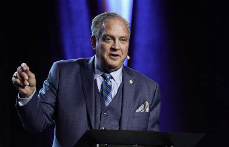 Al Mohler, president of The Southern Baptist Theological Seminary, speaks at the Southern Baptist Convention Annual Meeting in Anaheim, California, on June 15, 2022.