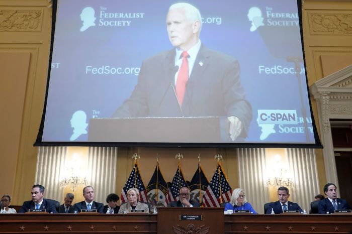 Former Vice President Mike Pence is seen on a screen during a hearing by the Select Committee to Investigate the January 6th Attack on the U.S. Capitol on June 09, 2022, in Washington, DC. The bipartisan committee, which has been gathering evidence related to the January 6 attack at the U.S. Capitol for almost a year, will present its findings in a series of televised hearings. On January 6, 2021, supporters of President Donald Trump attacked the U.S. Capitol Building during an attempt to disrupt a congressional vote to confirm the electoral college win for Joe Biden. 