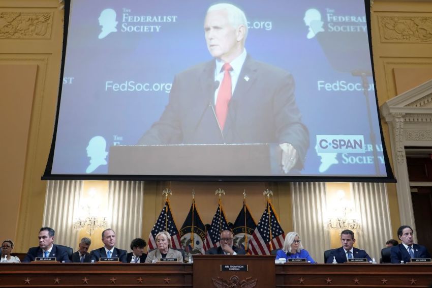 Former Vice President Mike Pence is seen on a screen during a hearing by the Select Committee to Investigate the January 6th Attack on the U.S. Capitol on June 09, 2022, in Washington, DC. The bipartisan committee, which has been gathering evidence related to the January 6 attack at the U.S. Capitol for almost a year, will present its findings in a series of televised hearings. On January 6, 2021, supporters of President Donald Trump attacked the U.S. Capitol Building during an attempt to disrupt a congressional vote to confirm the electoral college win for Joe Biden.
