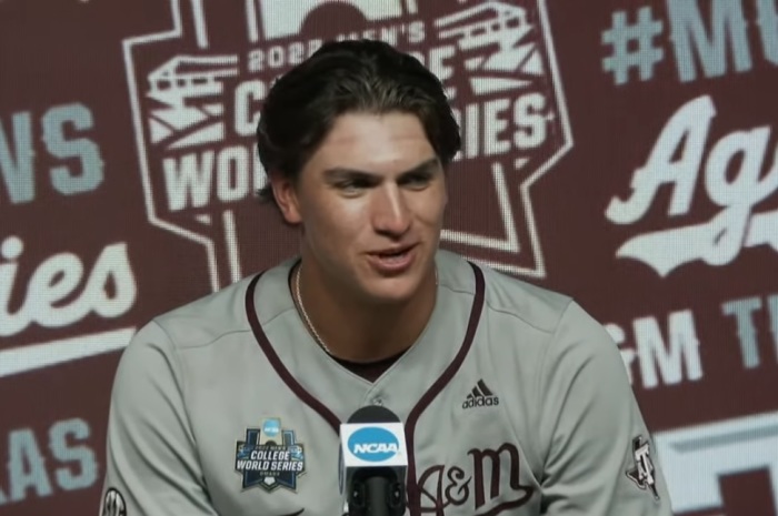 University of Texas A&M pitcher Nathan Dettmer speaks with the media on June 21, 2022.