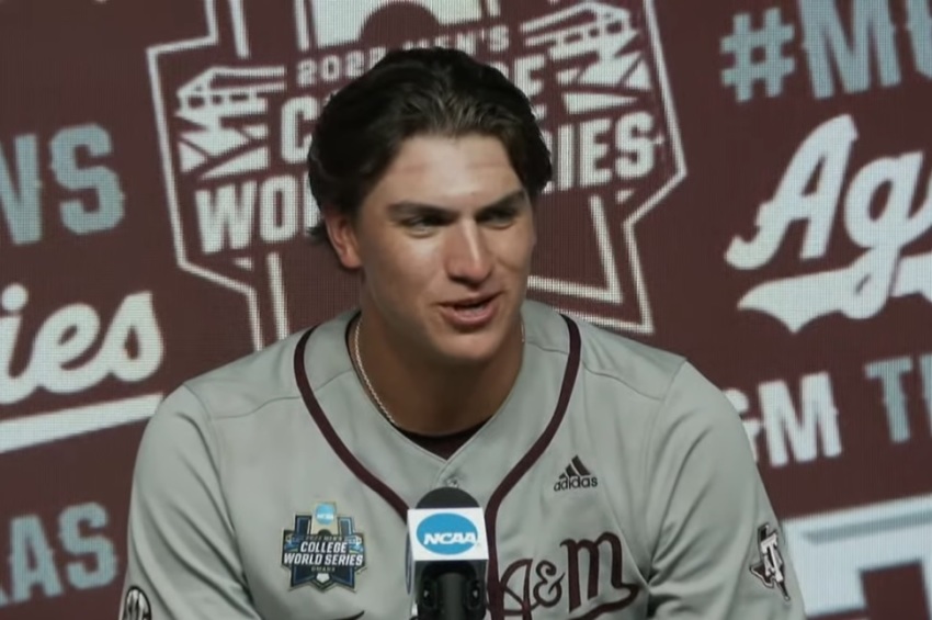University of Texas A&M pitcher Nathan Dettmer speaks with the media on June 21, 2022.