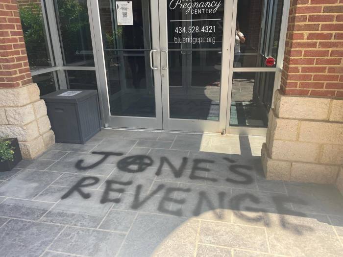 The Blue Ridge Pregnancy Center in Lynchburg, Virginia, was vandalized hours after the U.S. Supreme Court reversed the Roe v. Wade decision legalizing abortion nationwide, June 25, 2022.
