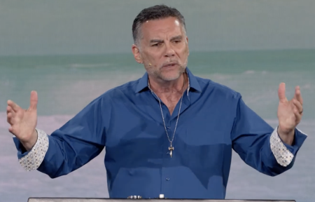 Michael Franzese preaches at Greg Laurie's Harvest Church on June 26, 2022.