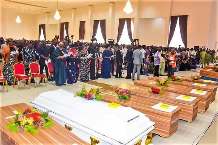 Mourners attend the funeral for victims of June 5, 2022 church attack in Owo, Ondo state, Nigeria. 