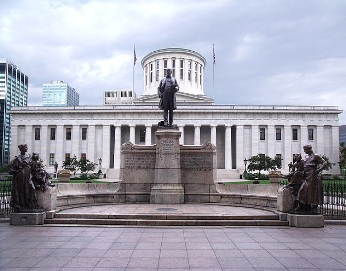 The William McKinley Monument sits in front of the Ohio Statehouse in Columbus, Ohio. 