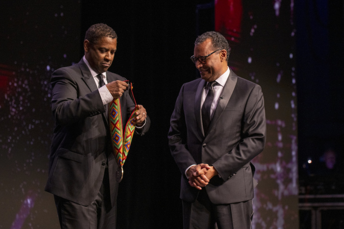 Actor Denzel Washington honors Pastor A.R. Bernard at the 'Blessing of the Elders' ceremony hosted by the Museum of the Bible in Washington, D.C., on June 23, 2022. 