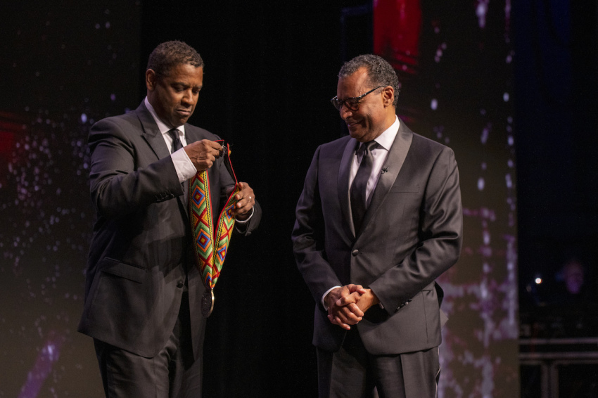 Actor Denzel Washington honors Pastor A.R. Bernard at the "Blessing of the Elders" ceremony hosted by the Museum of the Bible in Washington, D.C., on June 23, 2022.