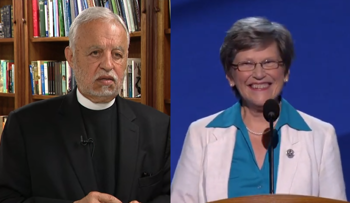 Sister Simone Campbell (R) and Father Alexander Karloutsos (L)