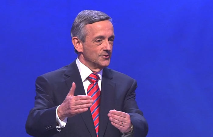 Pastor Robert Jeffress preaches at First Baptist Church in Dallas, Texas, on July 3, 2022.