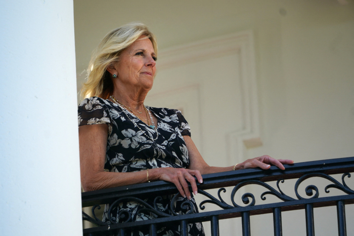 First Lady Jill Biden watches as Marine One carrying U.S. President Joe Biden lands on the South Lawn of the White House upon Biden's return to Washington, D.C. on June 30, 2022. (Photo by MANDEL NGAN / AFP) (Photo by MANDEL NGAN/AFP via Getty Images) 
