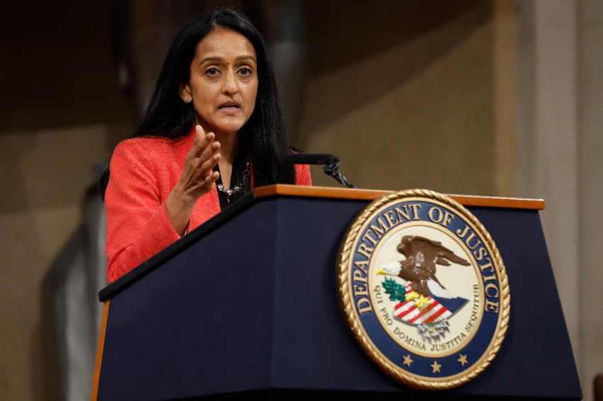 Associate Attorney General Vanita Gupta delivers remarks during an event to mark the first anniversary of the COVID-19 Hate Crimes Act at the Department of Justice Robert F. Kennedy Building on May 20, 2022 in Washington, D.C.