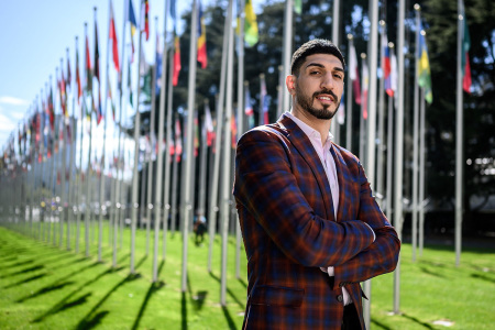 American basketball player Enes Kanter Freedom poses at the United Nations Office in Geneva on April 5, 2022.