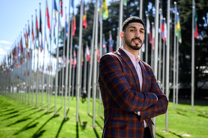 American basketball player Enes Kanter Freedom poses at the United Nations Office in Geneva on April 5, 2022. 
