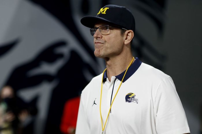 Head Coach Jim Harbaugh of the Michigan Wolverines looks on before the game against the Georgia Bulldogs in the Capital One Orange Bowl for the College Football Playoff semifinal game at Hard Rock Stadium on December 31, 2021, in Miami Gardens, Florida. 