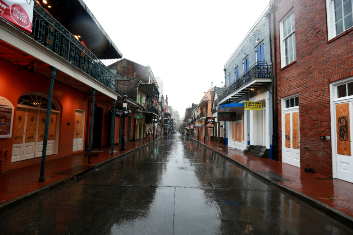 Rain falls on Bourbon St. in the French Quarter as Tropical Storm Cristobal nears the coast on June 07, 2020, in New Orleans, Louisiana. 
