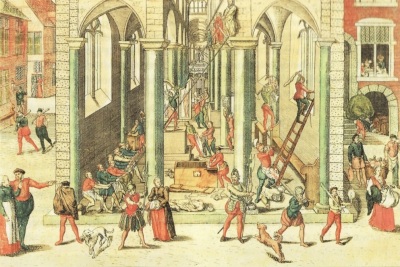 A depiction of the 'beeldenstorm' (image storm), also known as the iconoclastic fury, in which Protestants in the Netherlands stormed several churches and destroyed various religious images under the belief that they were sinful. 