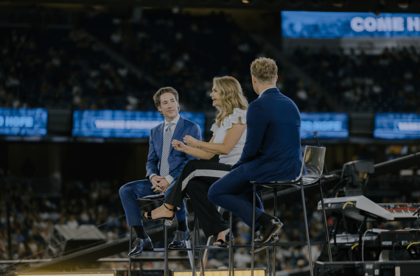 Joel and Victoria Osteen appear at the "Come Home to Hope" event at Yankee Stadium in New York City on Saturday, August 6, 2022.
