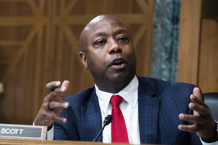Sen. Tim Scott, R-S.C., questions U.S. Federal Reserve Chair Jerome Powell as he testifies at a Senate Banking, Housing, and Urban Affairs Committee hearing on the Fed's 'Semiannual Monetary Policy Report to the Congress,' on Capitol Hill on March 3, 2022, in Washington, D.C. 