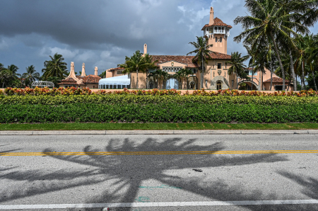 Former U.S. President Donald Trump's residence in Mar-A-Lago, Palm Beach, Florida, on August 9, 2022. Trump said on August 8, 2022, that his Mar-A-Lago residence in Florida was being 'raided' by FBI agents in what he called an act of 'prosecutorial misconduct.' (Photo by Giorgio Viera / AFP) (Photo by GIORGIO VIERA/AFP via Getty Images)