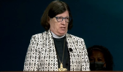 Presiding Bishop Elizabeth Eaton, head of the Evangelical Lutheran Church in America, gives remarks at the ELCA Churchwide Assembly in Columbus, Ohio on Tuesday, Aug. 9, 2022. 