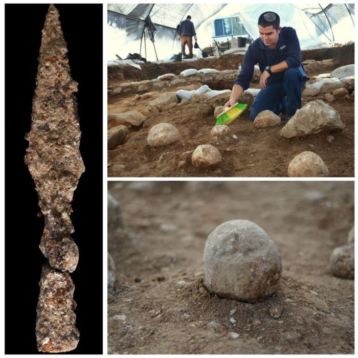 From left to right: An arrowhead recovered at the Russian Compound site; IAA crew members performing the excavation; one of the various ballista stones uncovered at the dig.
