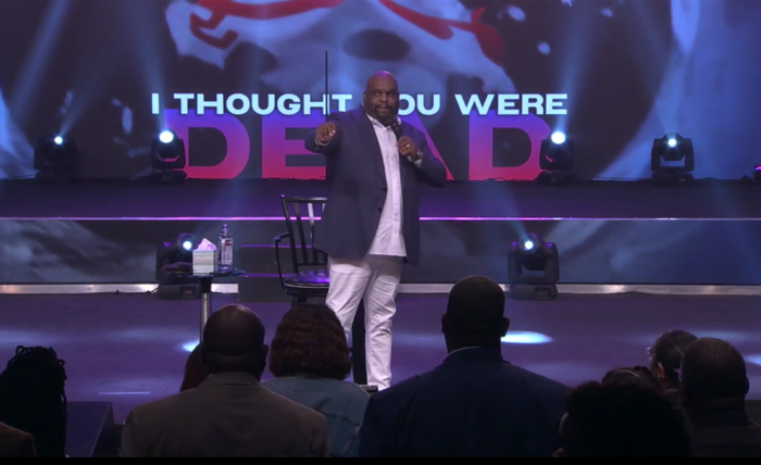 Pastor John Gray returns to the pulpit at Relentless Church in Greenville, South Carolina, on Aug. 14, 2022, after being hospitalized a month earlier with a saddle pulmonary embolism. 