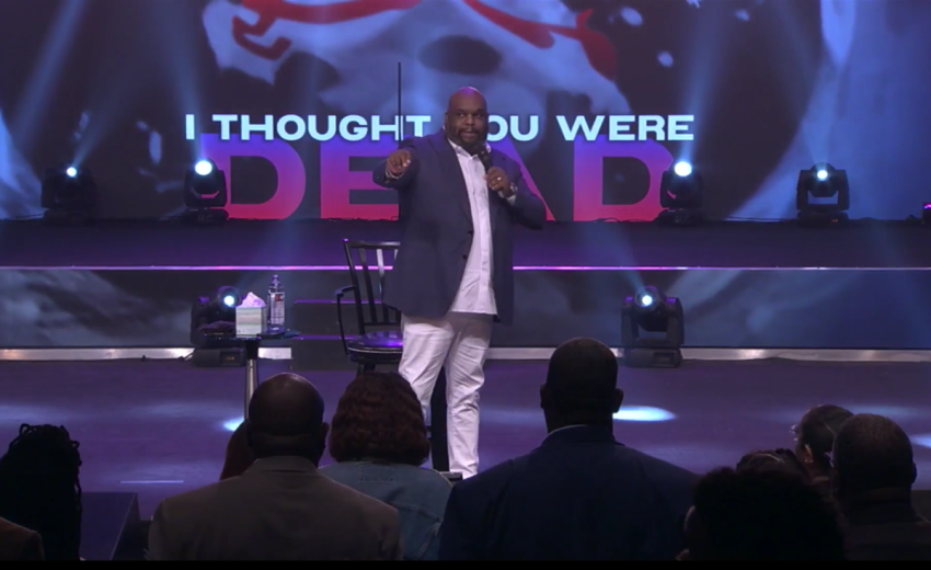 Pastor John Gray returns to the pulpit at Relentless Church in Greenville, South Carolina, on Aug. 14, 2022, after being hospitalized a month earlier with a saddle pulmonary embolism.
