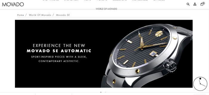 A screenshot of Movado's website showing their new Movado SE Automatic line of watches starting at $1,995.