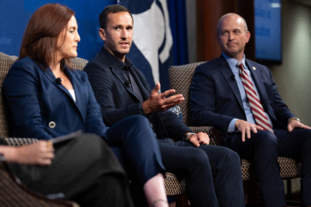 Panelists (Left to Right) Tiffany Justice, Corey DeAngelis, and Kevin Roberts speak on empowering parents in education and school choice policies at the Heritage Foundation on Monday, Aug. 15, 2022.