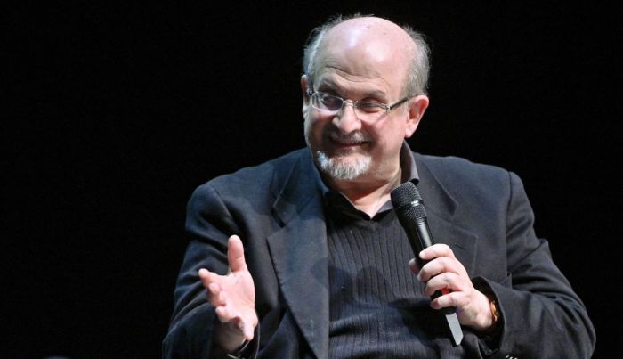 British author Salman Rushdie speaks as he presents his book 'Quichotte' at the Volkstheater in Vienna, Austria, on November 16, 2019. 