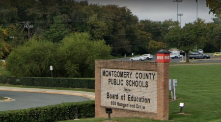 A sign sits outside the Montgomery County Public Schools Board of Education headquarters in Rockville, Maryland.
