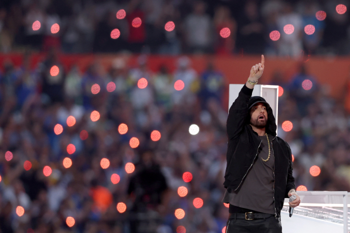 Eminem performs during the Pepsi Super Bowl LVI Halftime Show at SoFi Stadium on February 13, 2022, in Inglewood, California. 