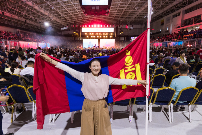 An attendee takes part in the two-night Festival of Hope Billy Graham Evangelistic Association outreach event at Steppe Arena in Ulaanbataar, Mongolia in September 2022.