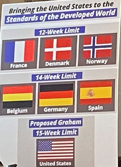 At a press conference unveiling the Protecting Pain-Capable Unborn Children from Late-Term Abortions Act, a chart compares the proposed abortion law, which would ban abortions after 15 weeks gestation at the federal level, with abortion limits of other countries.
