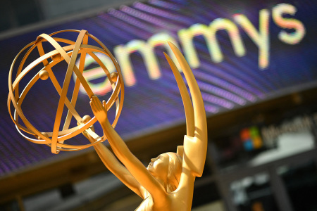 An Emmy statue is seen on the red carpet ahead of the 74th Emmy Awards at the Microsoft Theater in Los Angeles, California, on September 12, 2022.