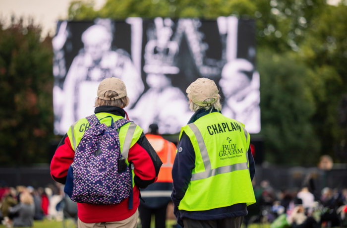 Chaplains with the Billy Graham Rapid Response Team gather in Hyde Park in London to watch the funeral of Queen Elizabeth II.