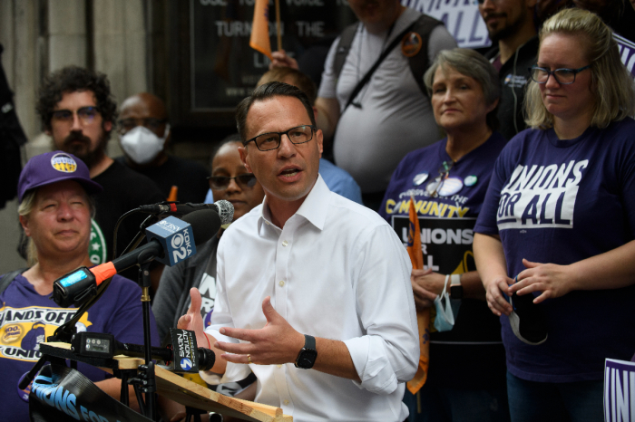 Pennsylvania Attorney General and Democratic nominee for governor Josh Shapiro speaks at a rally along with union members in front of the Smithfield United Church of Christ on Monday Sept. 19, 2022 in Pittsburgh, Pennsylvania.