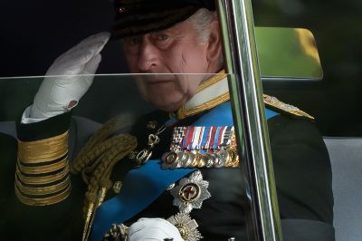 King Charles III drives past Wellington Arch during the State Funeral of Queen Elizabeth II on September 19, 2022 in London, England. Elizabeth Alexandra Mary Windsor was born in Bruton Street, Mayfair, London on 21 April 1926. She married Prince Philip in 1947 and ascended the throne of the United Kingdom and Commonwealth on 6 February 1952 after the death of her Father, King George VI. Queen Elizabeth II died at Balmoral Castle in Scotland on September 8, 2022, and is succeeded by her eldest son, King Charles III. (Photo by David Ramos/Getty Images)