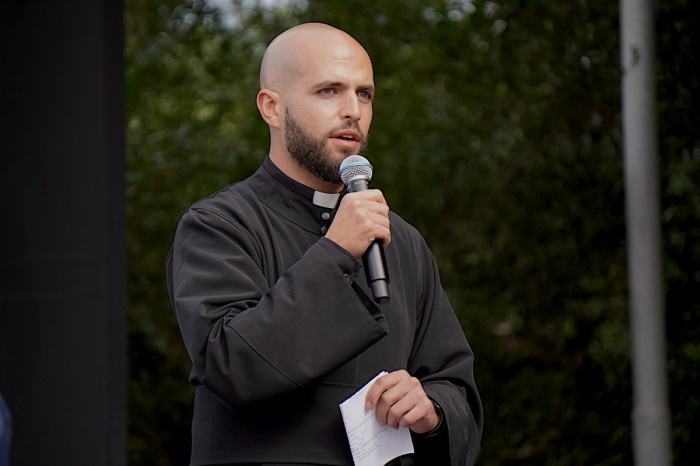 Chaldean Catholic Priest Fr. Simon Esshaki preaches at the March For The Martyrs in Washington, D.C., on Sept. 24, 2022.