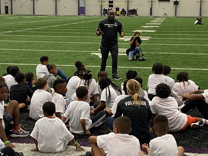 Prison Fellowship volunteers lead an Angel Tree sports camp for children with incarcerated parents at the Baltimore Raven's practice center in Owings Mills, Maryland, on Sept. 24, 2022. 