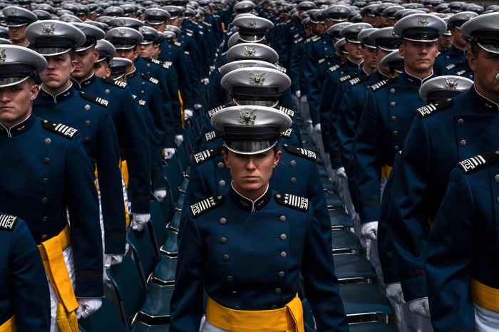 Cadets stand near their seats during a graduation ceremony at the United States Air Force Academy in Colorado Springs, Colorado.