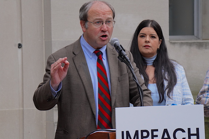 Pro-life activist and scholar Dr. Michael New speaks at a protest calling for the impeachment of United States Attorney General Merrick Garland, Oct. 5, 2022.