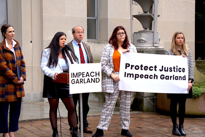 Pro-life activists hold a press conference outside the United States Department of Justice calling for the impeachment of U.S. Attorney General Merrick Garland, Oct. 5, 2022.